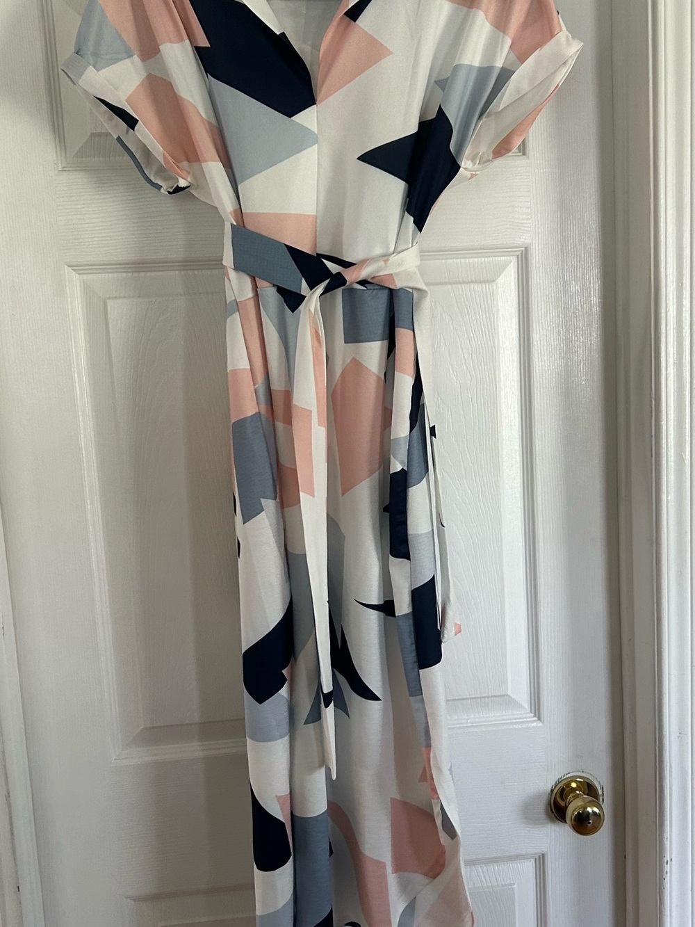 Geometric Print Midi Dress in Blush, Navy & Gray